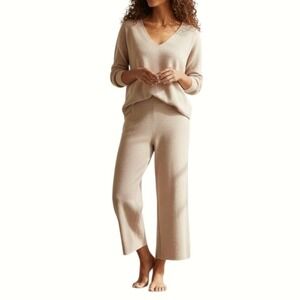 Silk & Salt Womens Knit Lounge Set V Neck Top Wide Leg Pants Beige Medium